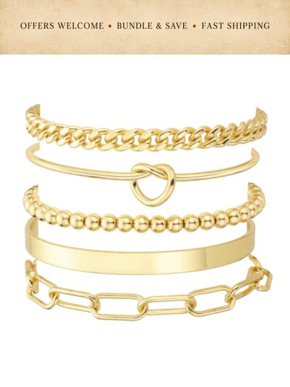14K Gold Plated Cuban Link Chain Stackable Bracelet Set 5pc
